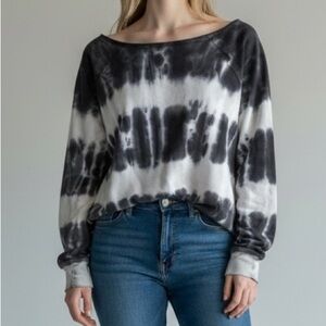American Vintage Tie Dye Black Gray white Cotton Off the Shoulder Sweatshirt